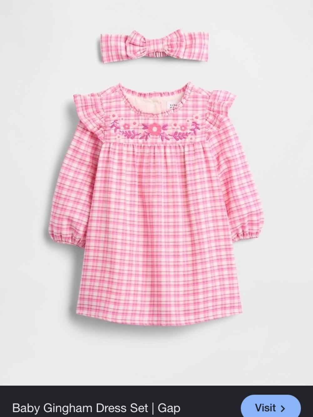 NWT Pink Gingham Baby Dress with Floral Smocking and Headband 0-3 Months